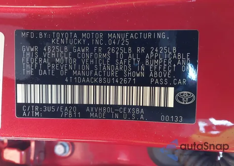 2025 Toyota Camry Se from USA, damaged, VIN 4T1DAACK8SU142671